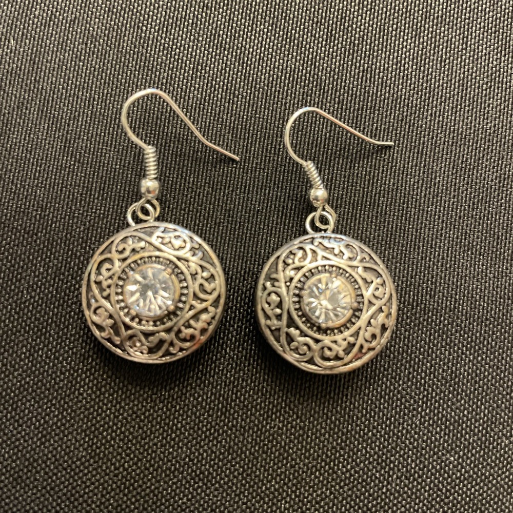 Silver Tone Y2K Round Rhinestone Earrings Dangle 2 In 1 Filigree Cage Design